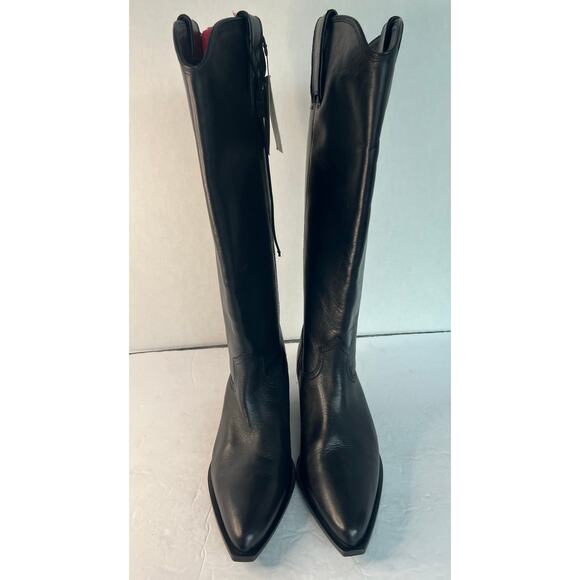 NWT Zara Western Cowgirl Black Leather Tall Knee High Zip Boots Sz 9 - Picture 3 of 11